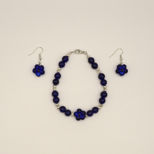 Glass Flower Bead Bracelet And Earring Set