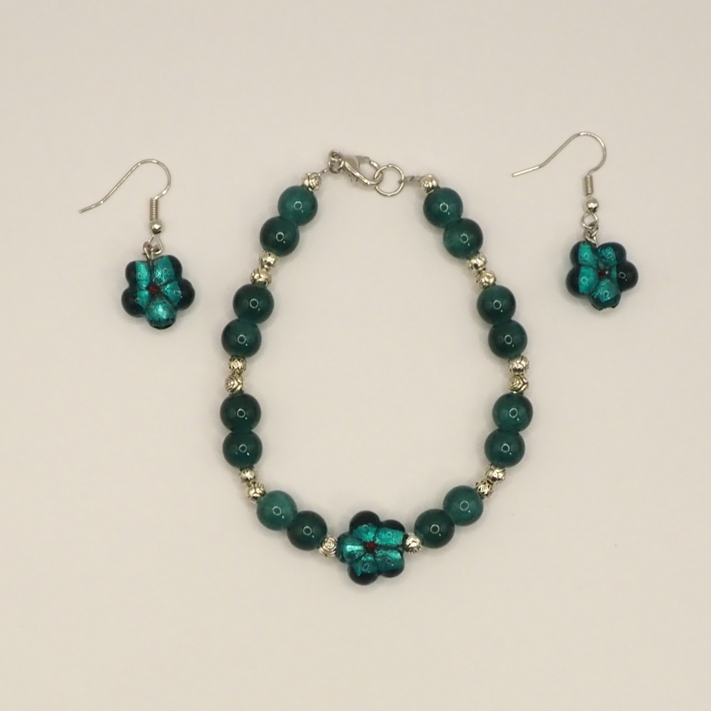 Glass Flower Bead Bracelet And Earring Set