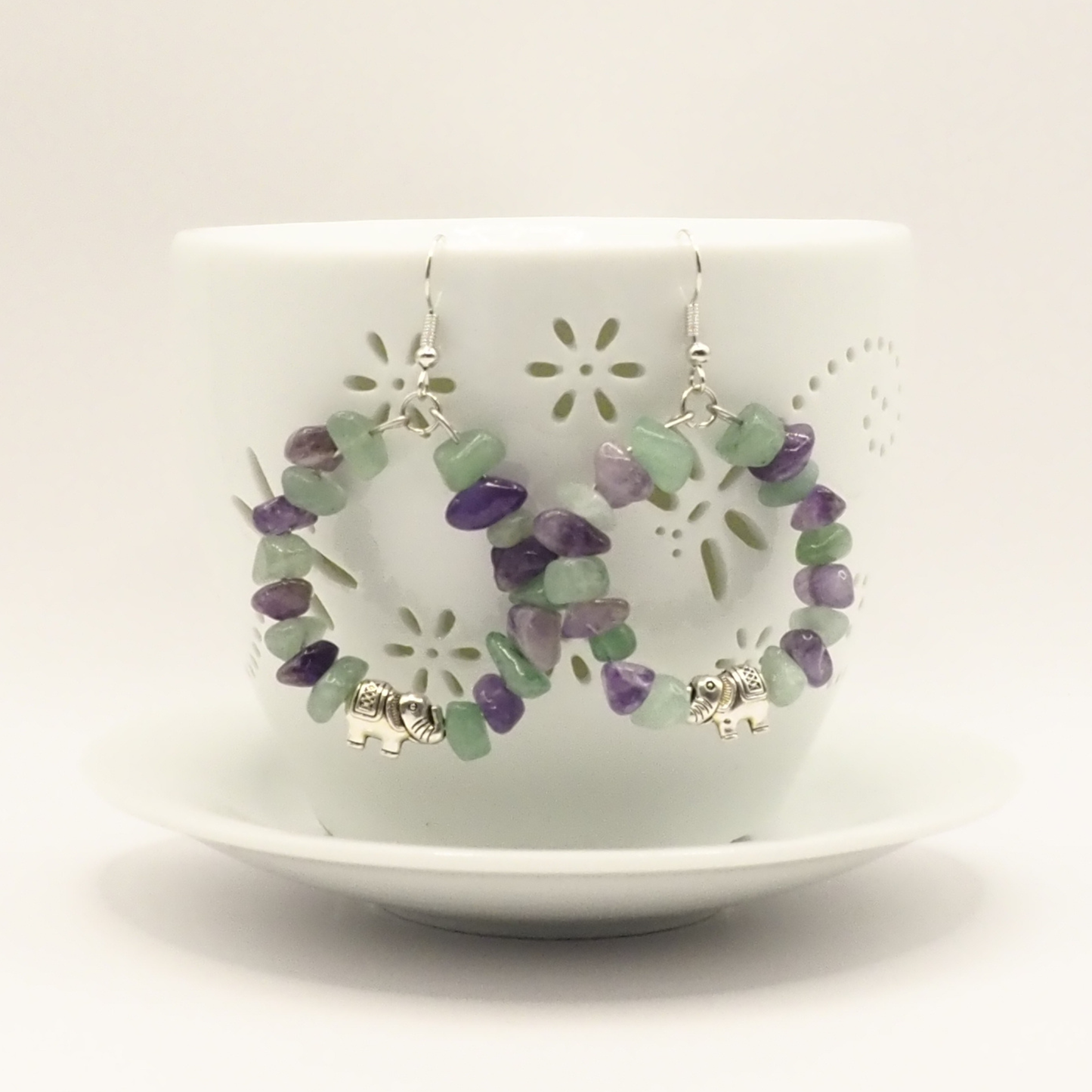 Aventurine & Amethyst Elephant Hoop Earrings