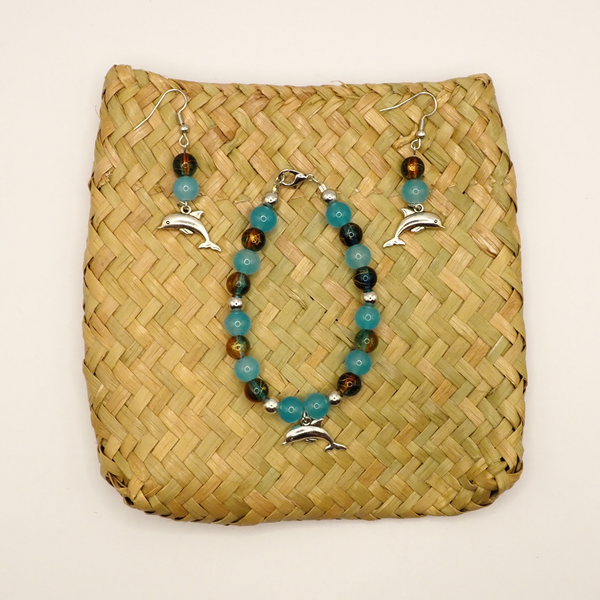 Aqua Dolphin Bracelet & Earring Set